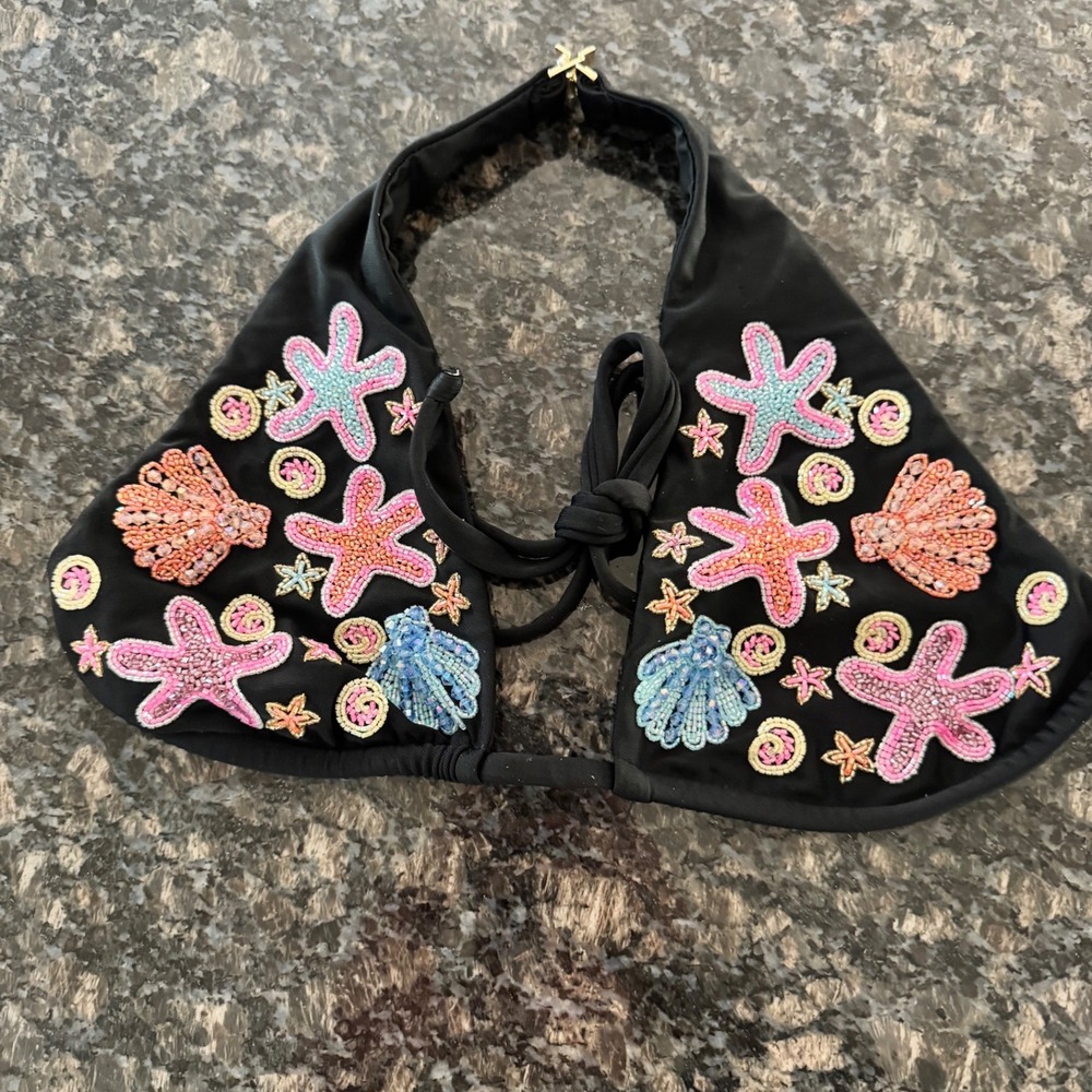 Oceanus The Label Beaded Starfish Seashell Halter Bikini Top Black Small Luxury